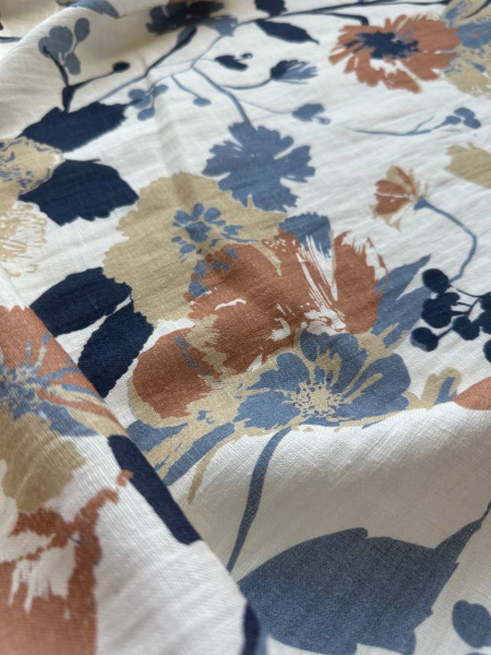 Ткань лён с эффектом мятости (крэш)  "Цветы"  арт. 7747 | Ellie Fabrics